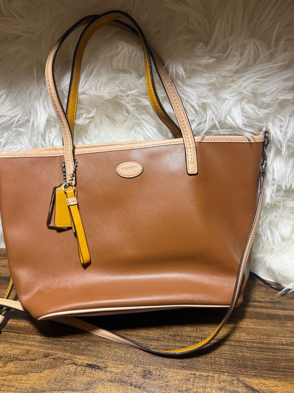 Coach Brown Tote with Yellow Trim and Tag